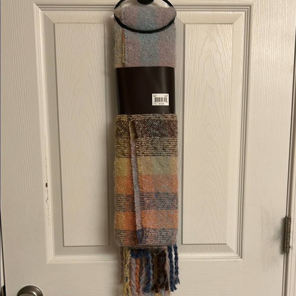 Altare Cream Blue Orange Plaid Muffler Scarf with Fringe Detail - Picture 2 of 7